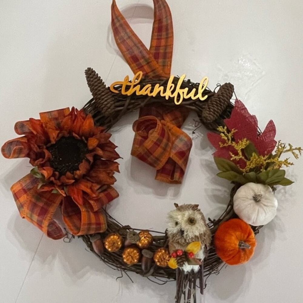Thankful Owl Harvest Grapevine Wreath 16"